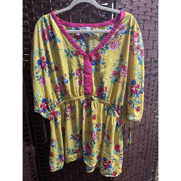 Pioneer Woman XXL Yellow Floral Print Blouse Top dolman Sleeve Boho - Picture 1 of 7